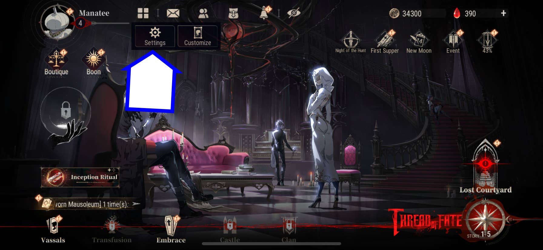 Скриншот Silver and Blood с кнопкой настроек игры.