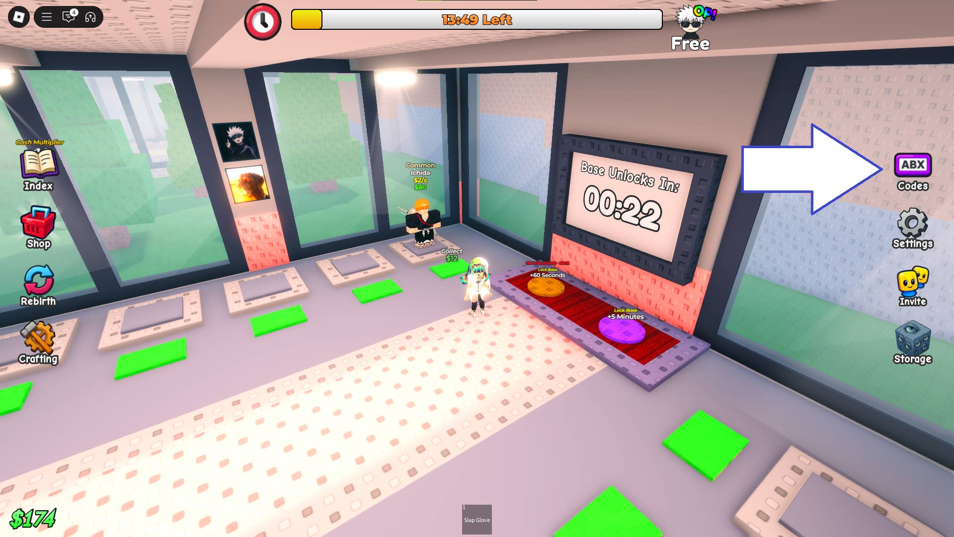 Скриншот Steal an Anime в Roblox, показывающий кнопку кодов в игре.