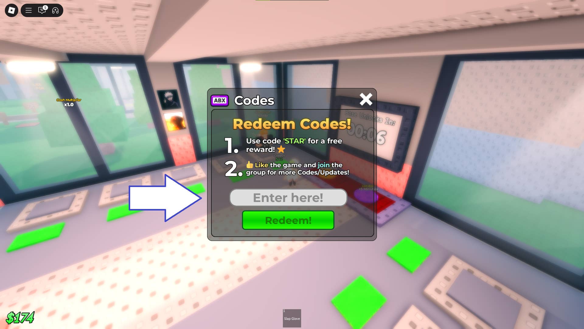 Скриншот Steal an Anime в Roblox с экраном ввода кодов.