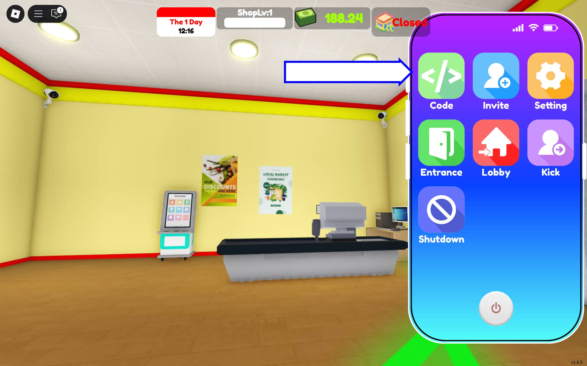 Кнопка ввода кодов в Supermarket Together