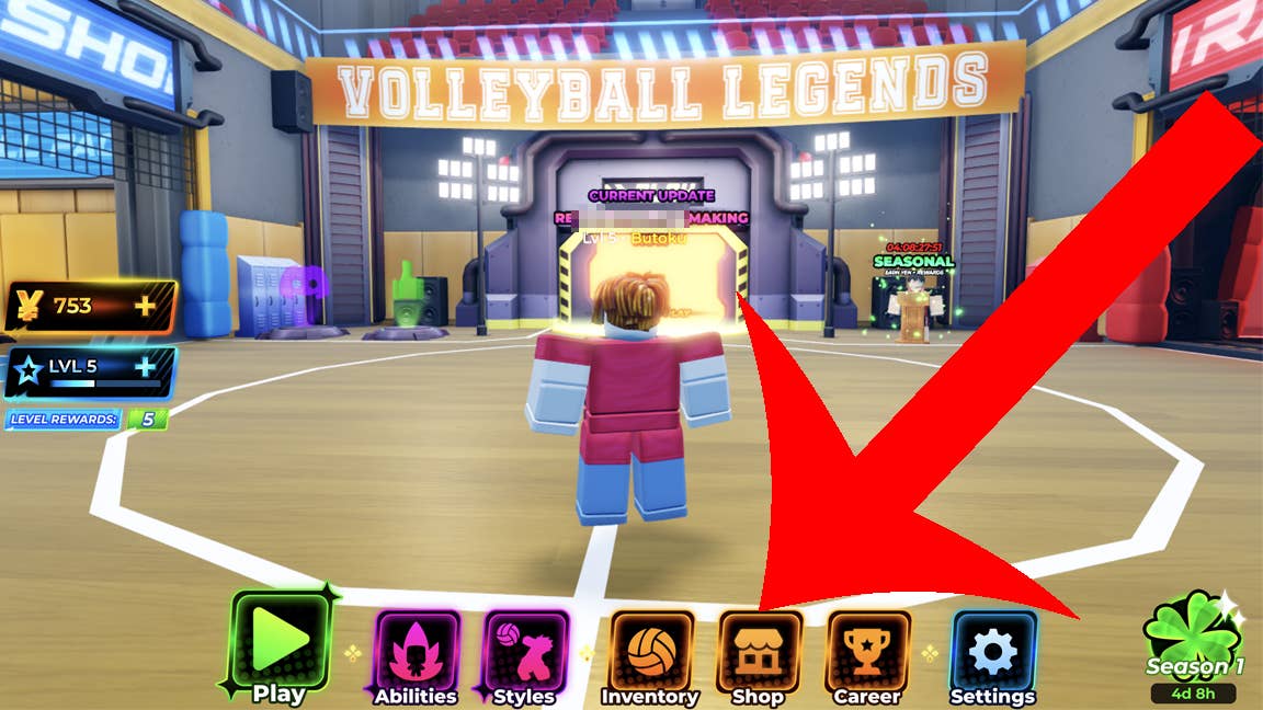Стрелка, указывающая на кнопку Магазин в Roblox-игре Volleyball Legends.