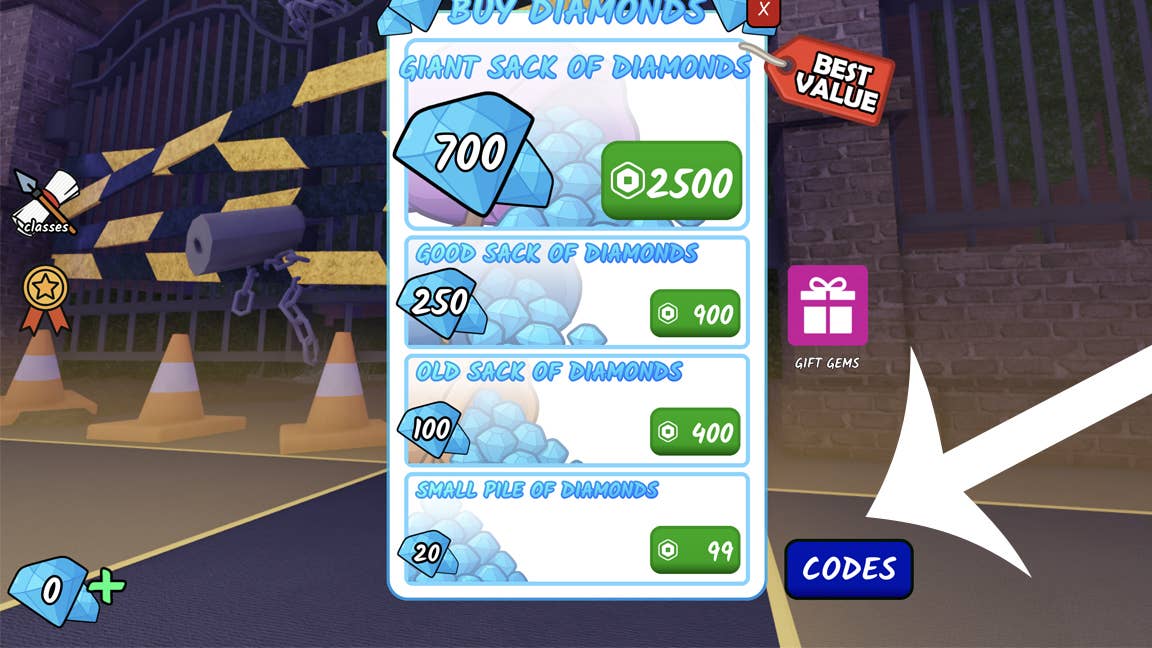 Стрелка указывает на кнопку 'Коды' в игре Roblox 99 Nights in the Forest.