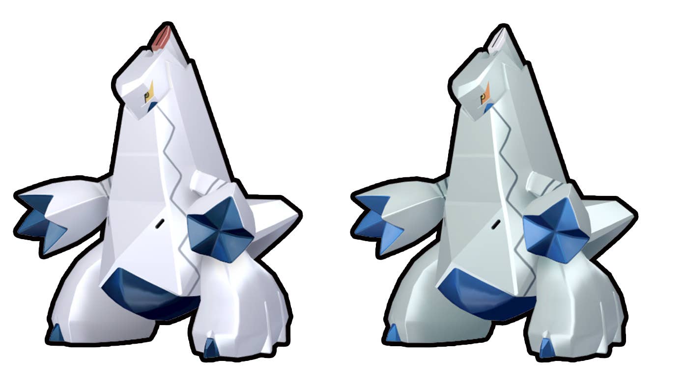 Обычная версия Duraludon рядом с шайни‑версией Duraludon.