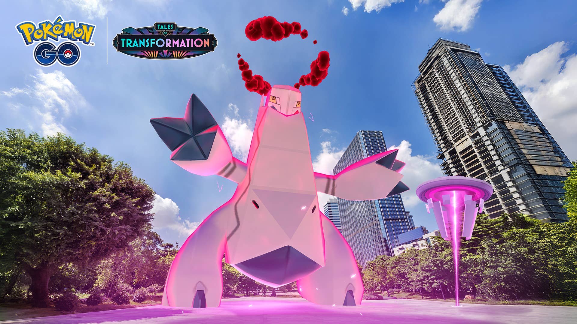 Заглавное изображение для события Steel Skyline в Pokémon Go, с изображением Dynamax Duraludon.