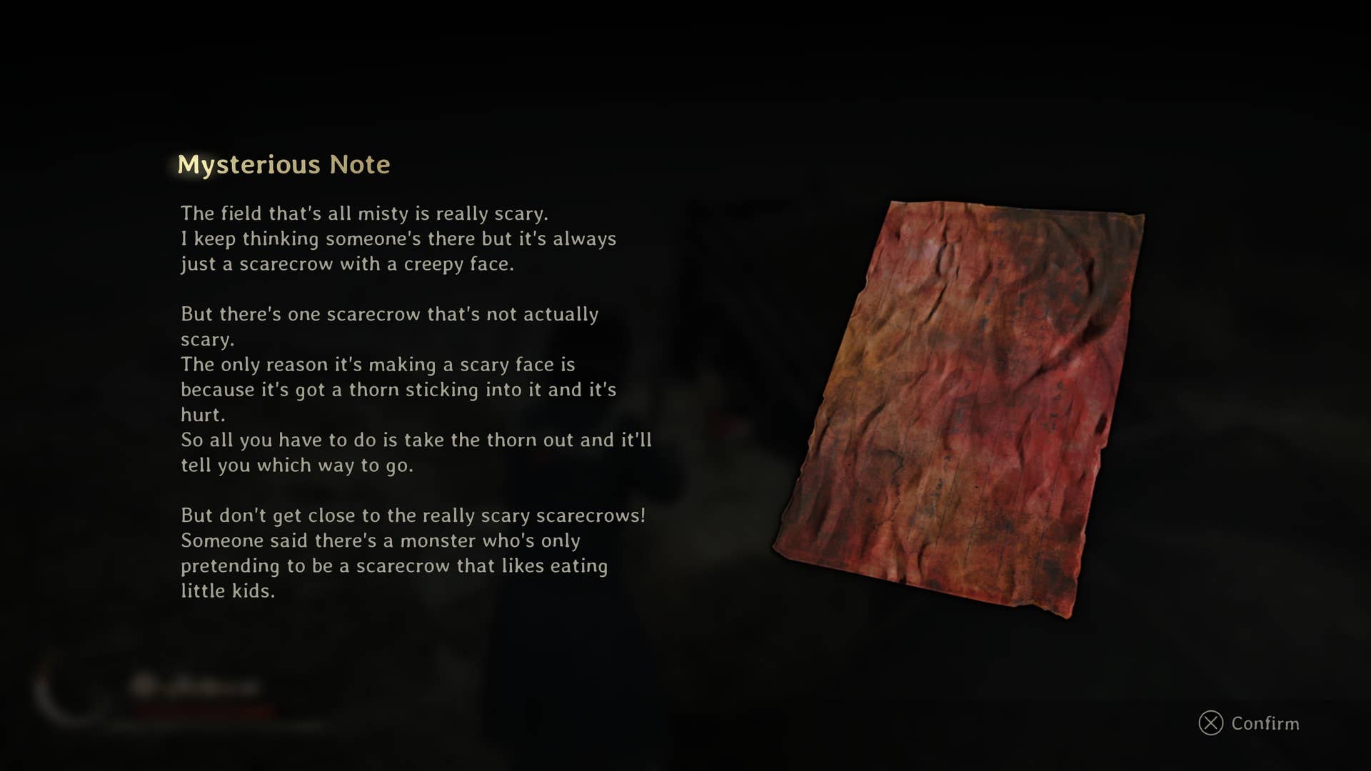 Хинако читает Таинственную записку, найденную на поле чучел в Silent Hill f
