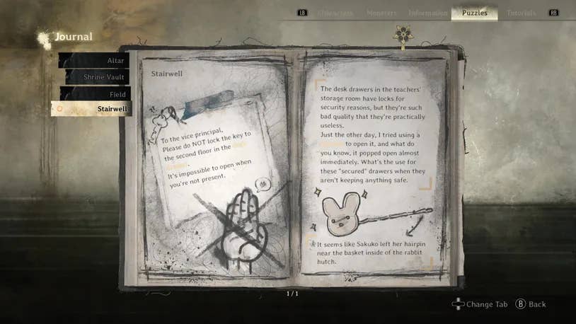 Хинако смотрит на запись про загадку лестницы в своем журнале в Silent Hill f