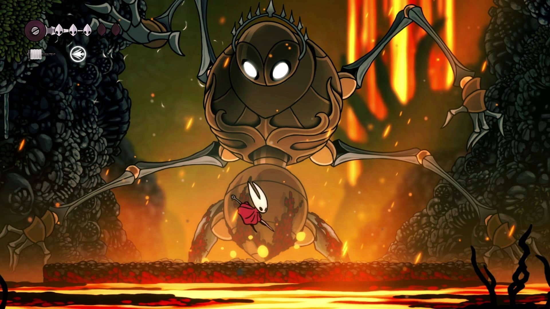 Hornet уклоняется от долбящего удара рукой Fourth Chorus в Hollow Knight: Silksong