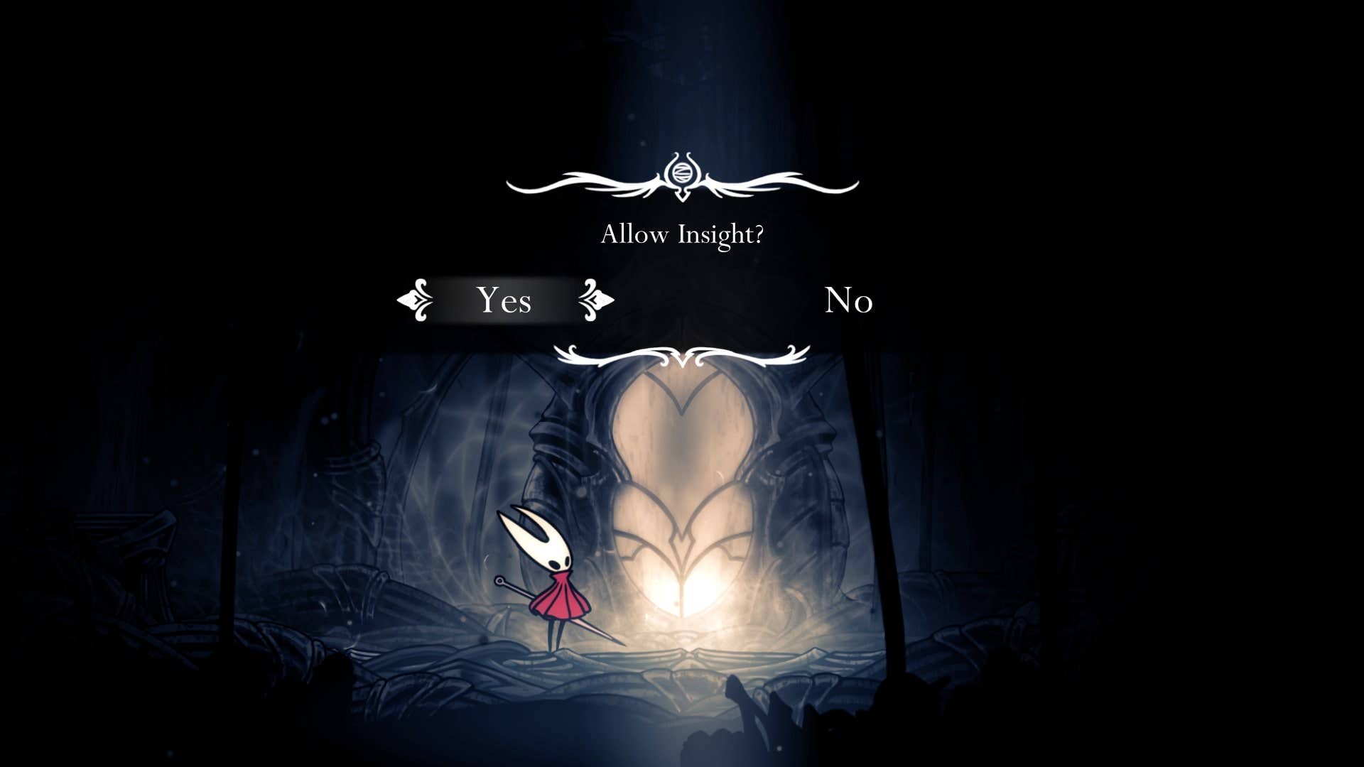Хорнет выбирает «Разрешить Проницание» у Евы в Weavenest Atla в Hollow Knight: Silksong