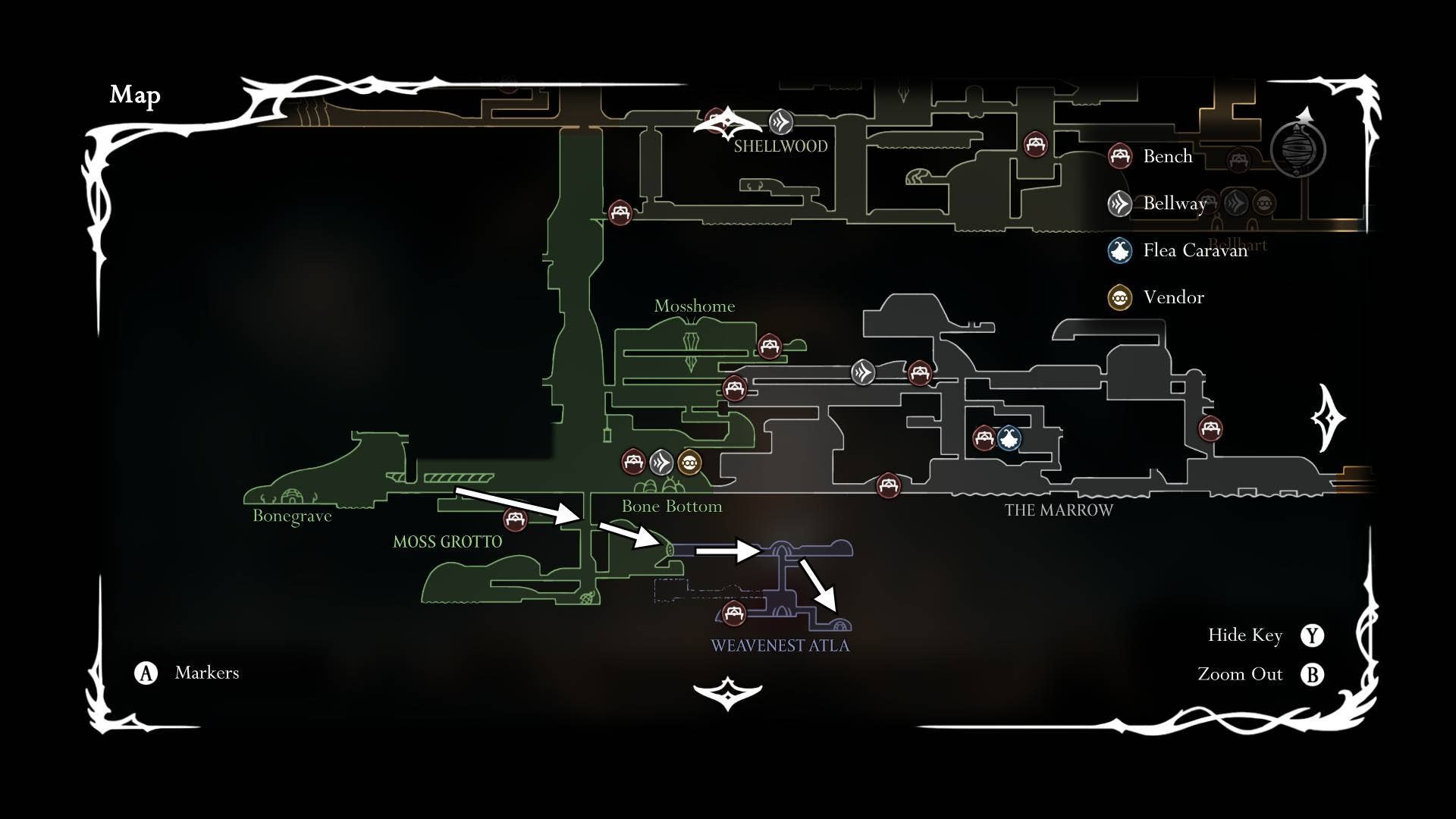 Маршрут от Moss Grove до Евы в Weavenest Atla отмечен на карте в Hollow Knight: Silksong