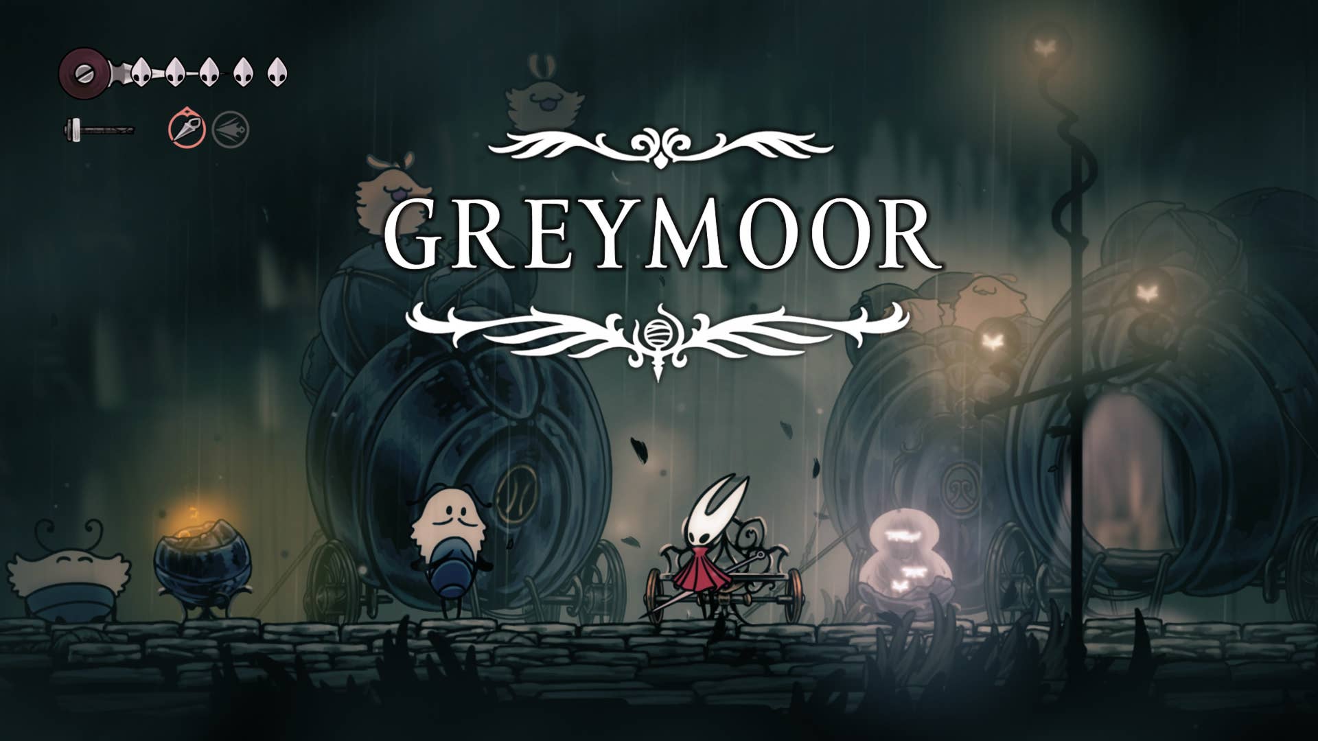 Хорнет стоит с Flea Caravan в Greymoor в Hollow Knight: Silksong