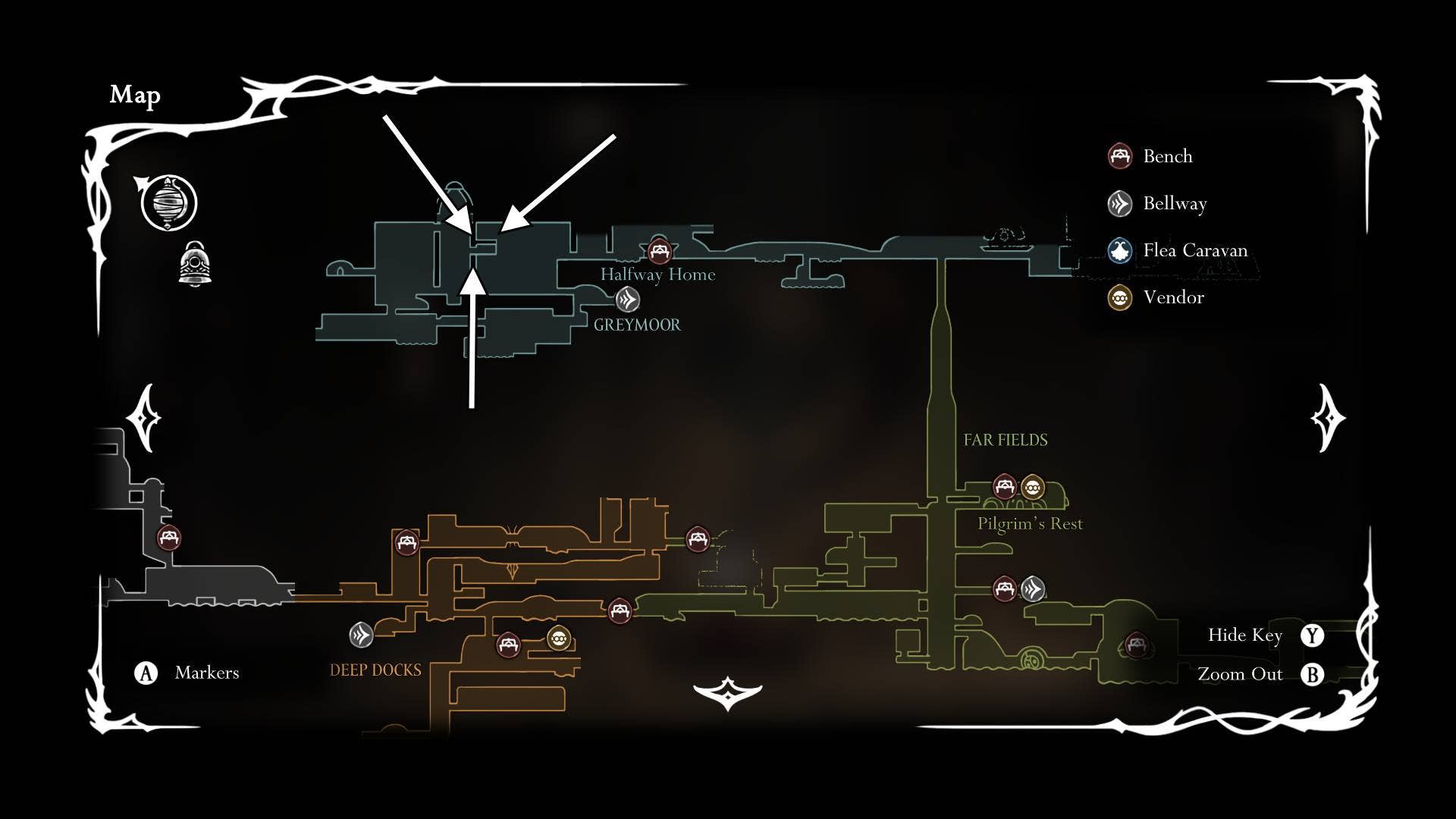 Местоположение, где игроки впервые встречают Garmond и Zaza в Greymoor, показано на карте в Hollow Knight: Silksong