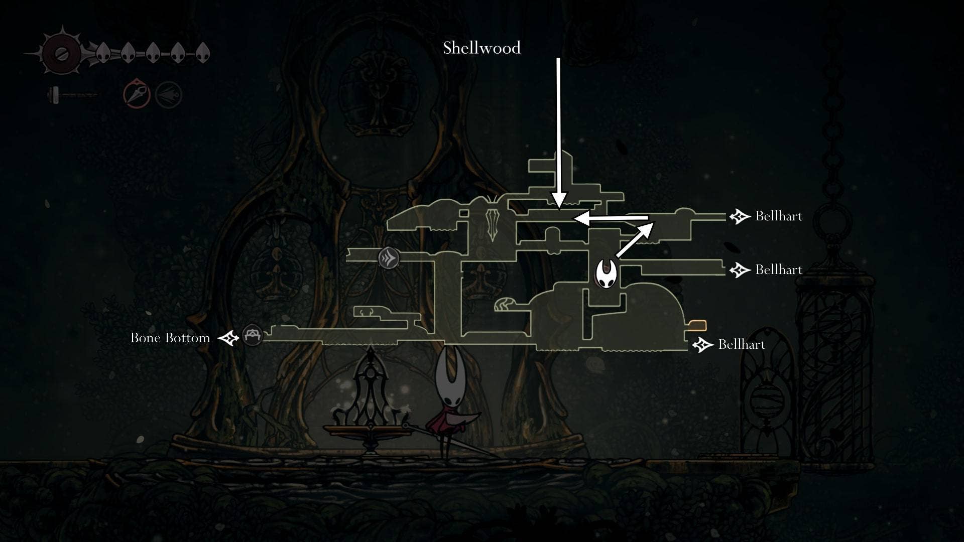 Место нахождения Sister Splinter отмечено на карте Шелвуда в Hollow Knight: Silksong
