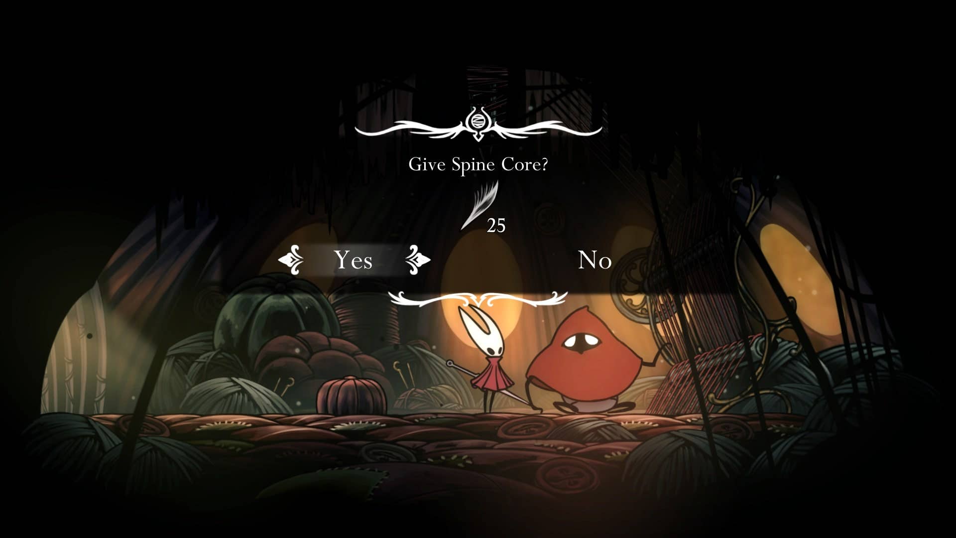 Хорнет передаёт 25 Spine Cores Портнихе в Hollow Knight: Silksong