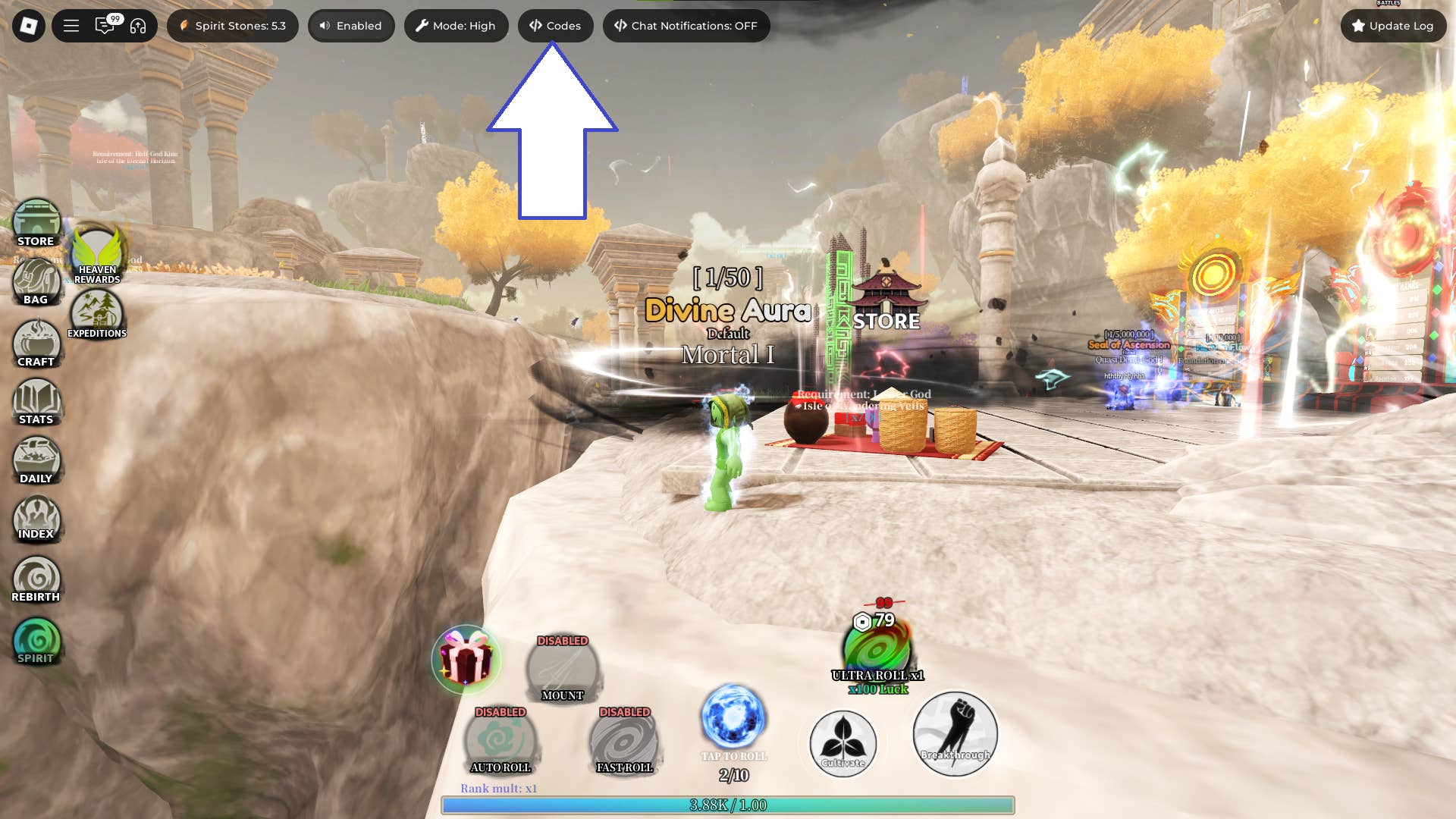 Скриншот A Cultivation Game в Roblox, показывающий кнопку кодов в игре.