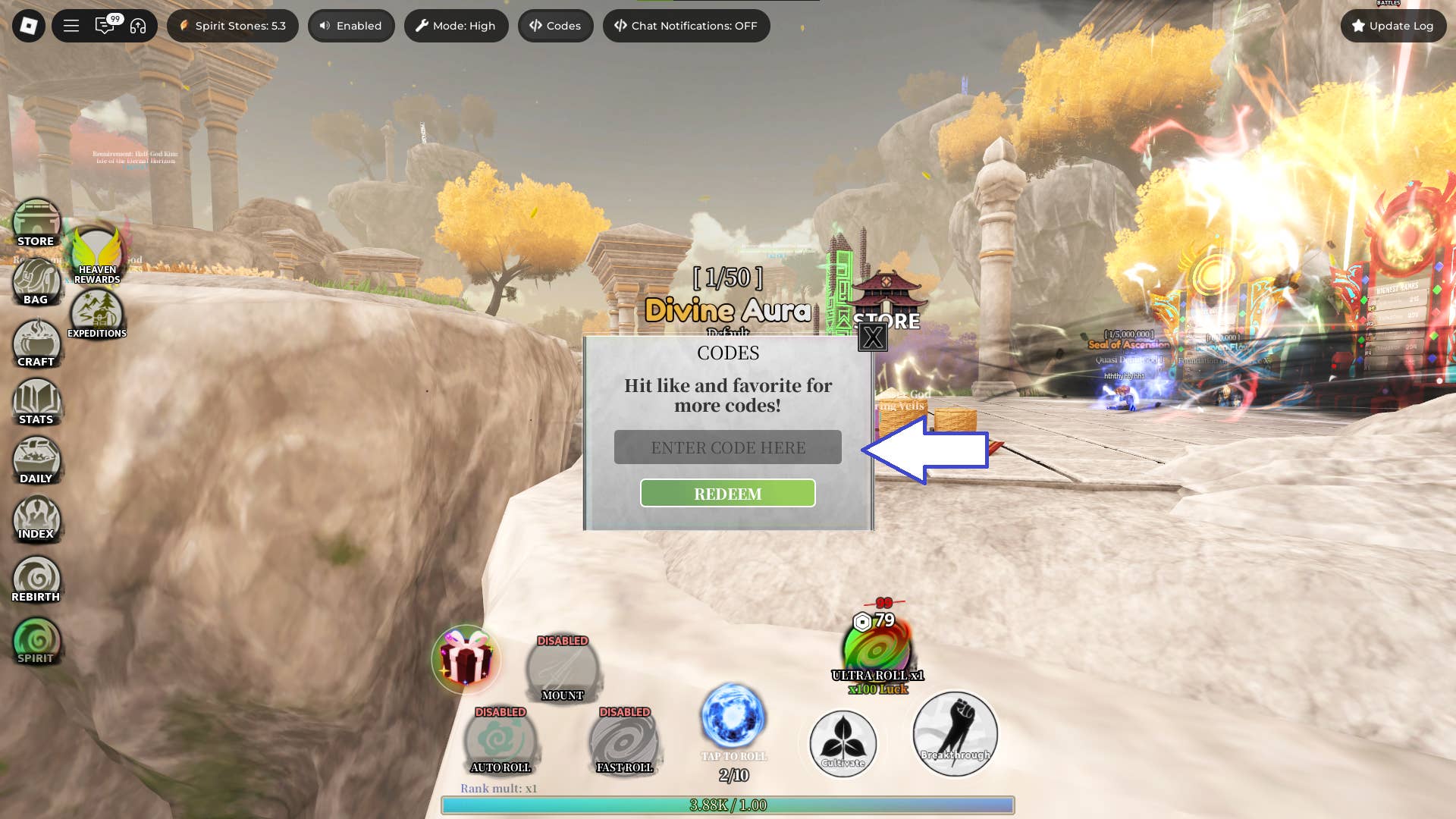 Скриншот A Cultivation Game в Roblox, показывающий поле ввода кодов в игре.