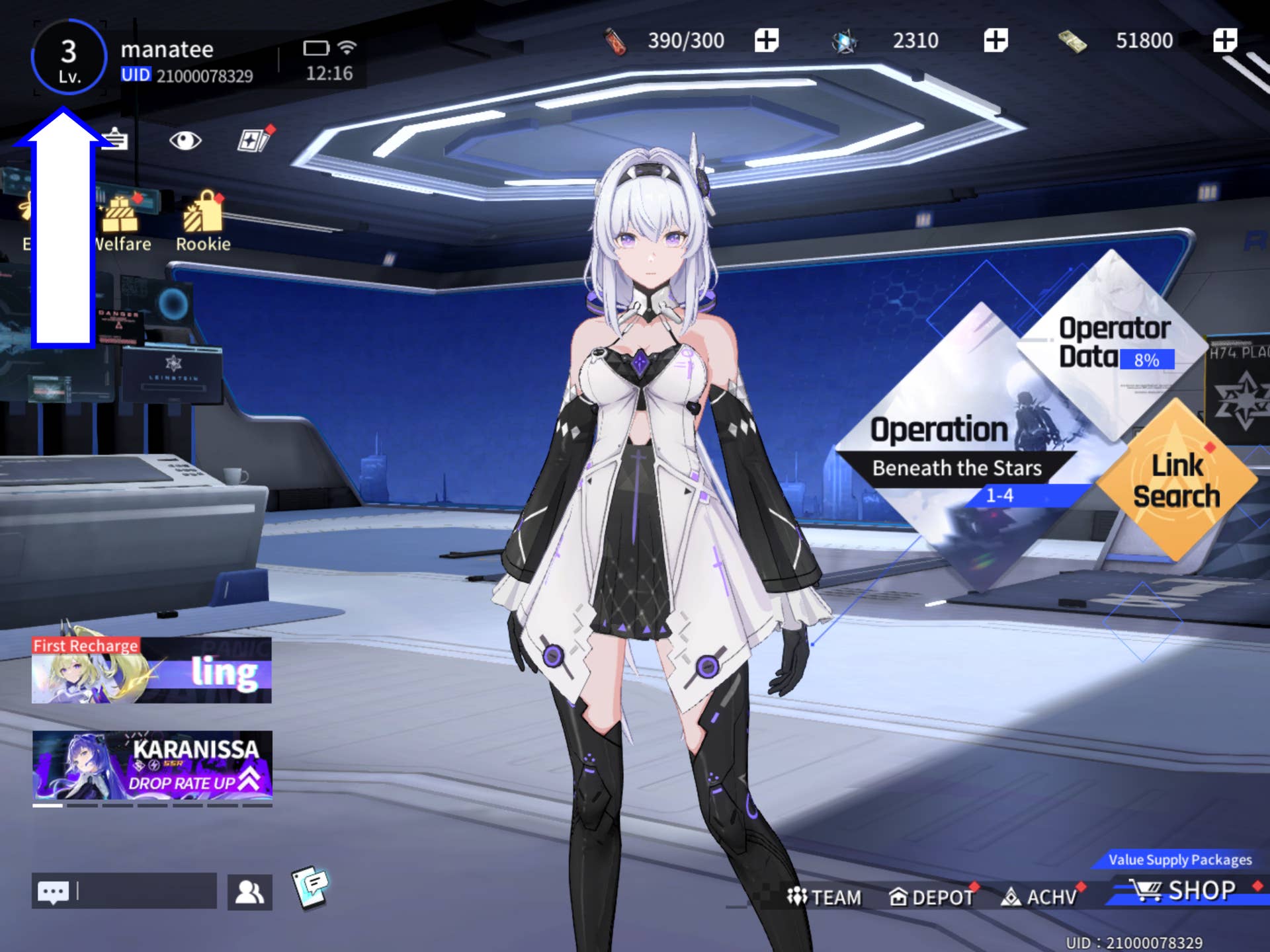 Скриншот Anchor Panic, показывающий кнопку профиля в игре.