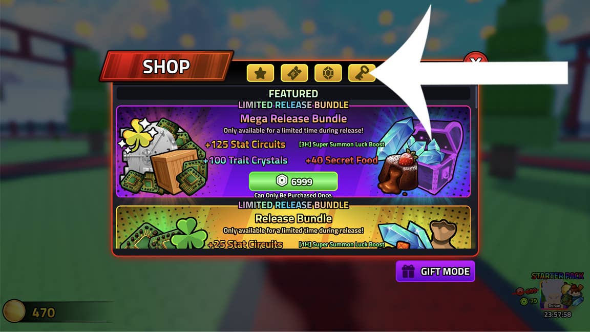 Стрелка, указывающая на кнопку меню кодов в игре Roblox Anime Boss Raid.