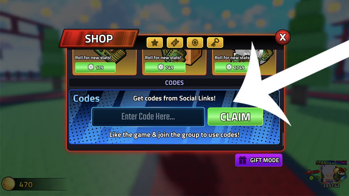 Стрелка, указывающая на меню кодов в игре Roblox Anime Boss Raid.