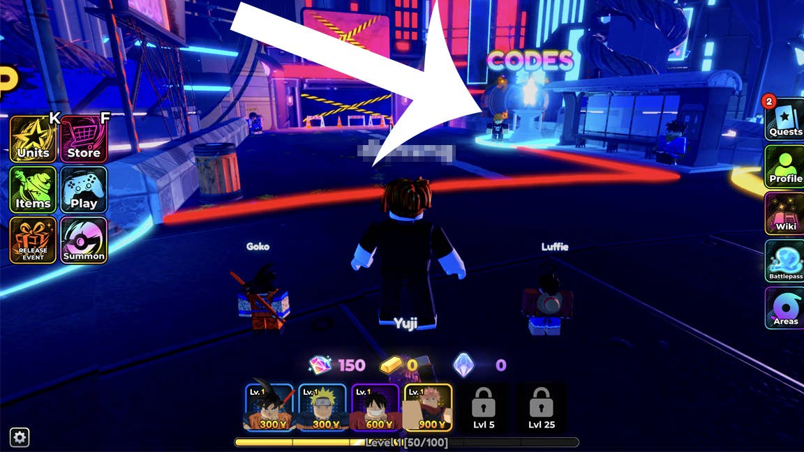 Стрелка, указывающая на место на карте, куда игрокам нужно отправиться в Anime Crusaders, чтобы ввести код.