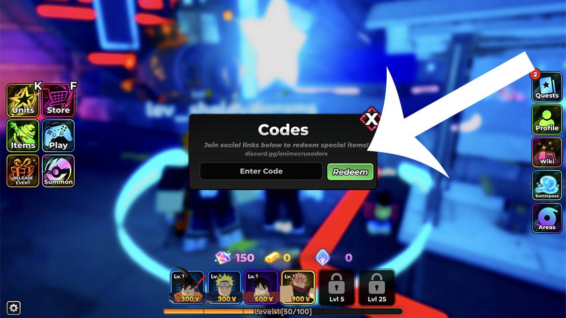 Стрелка, указывающая на меню для ввода кодов в Roblox-игре Anime Crusaders.