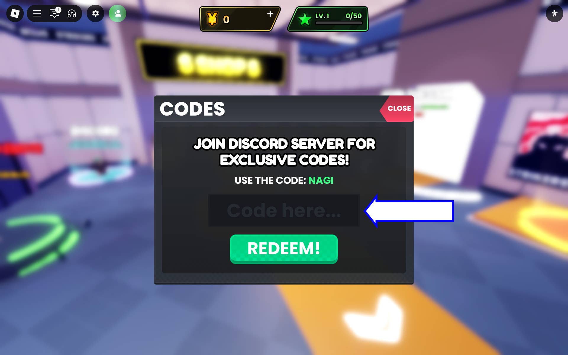 Скриншот Anime Strikers в Roblox, показывающий поле для ввода кодов.