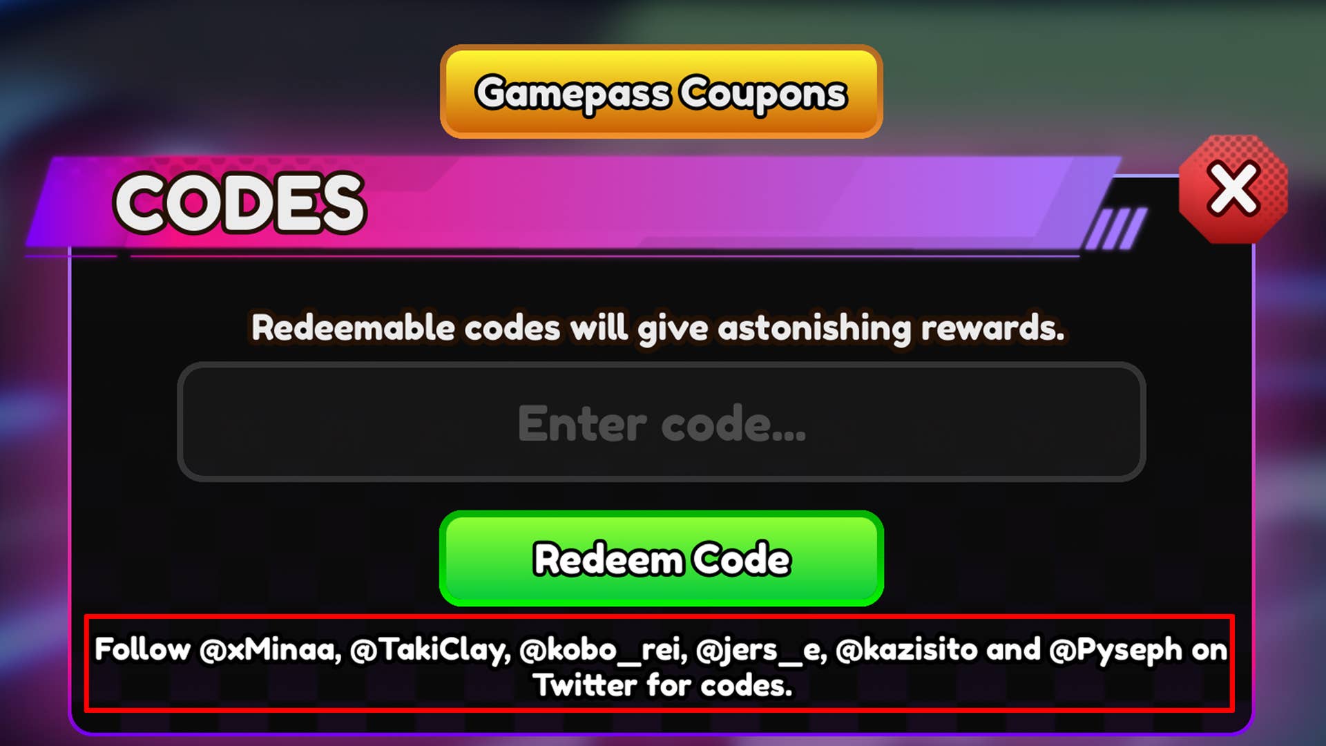 Меню кодов Anime Vanguards, где выделен список аккаунтов в соцсетях, публикующих коды.