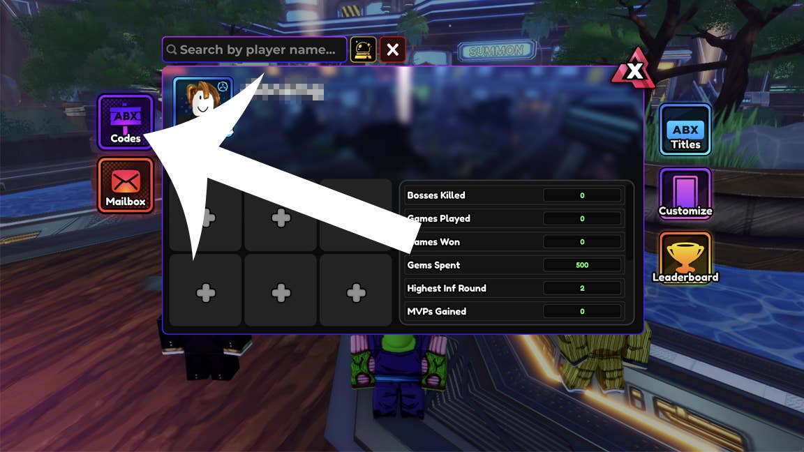 Стрелка, указывающая на кнопку кодов в Anime Vanguards.