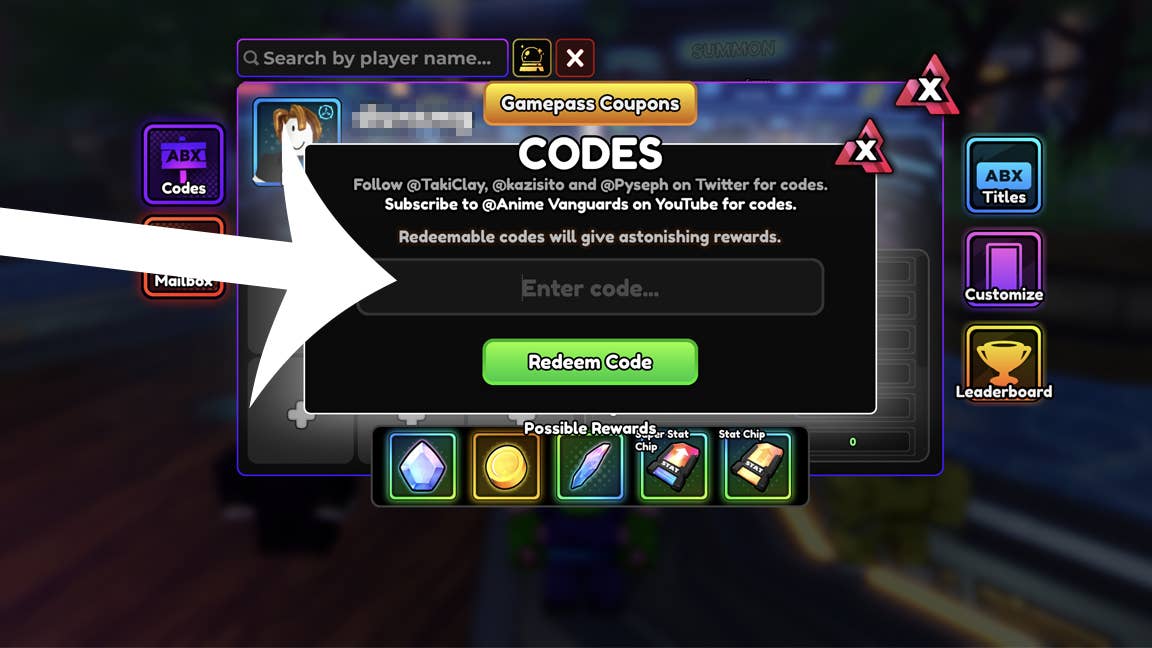 Стрелка, указывающая на меню кодов в Anime Vanguards.