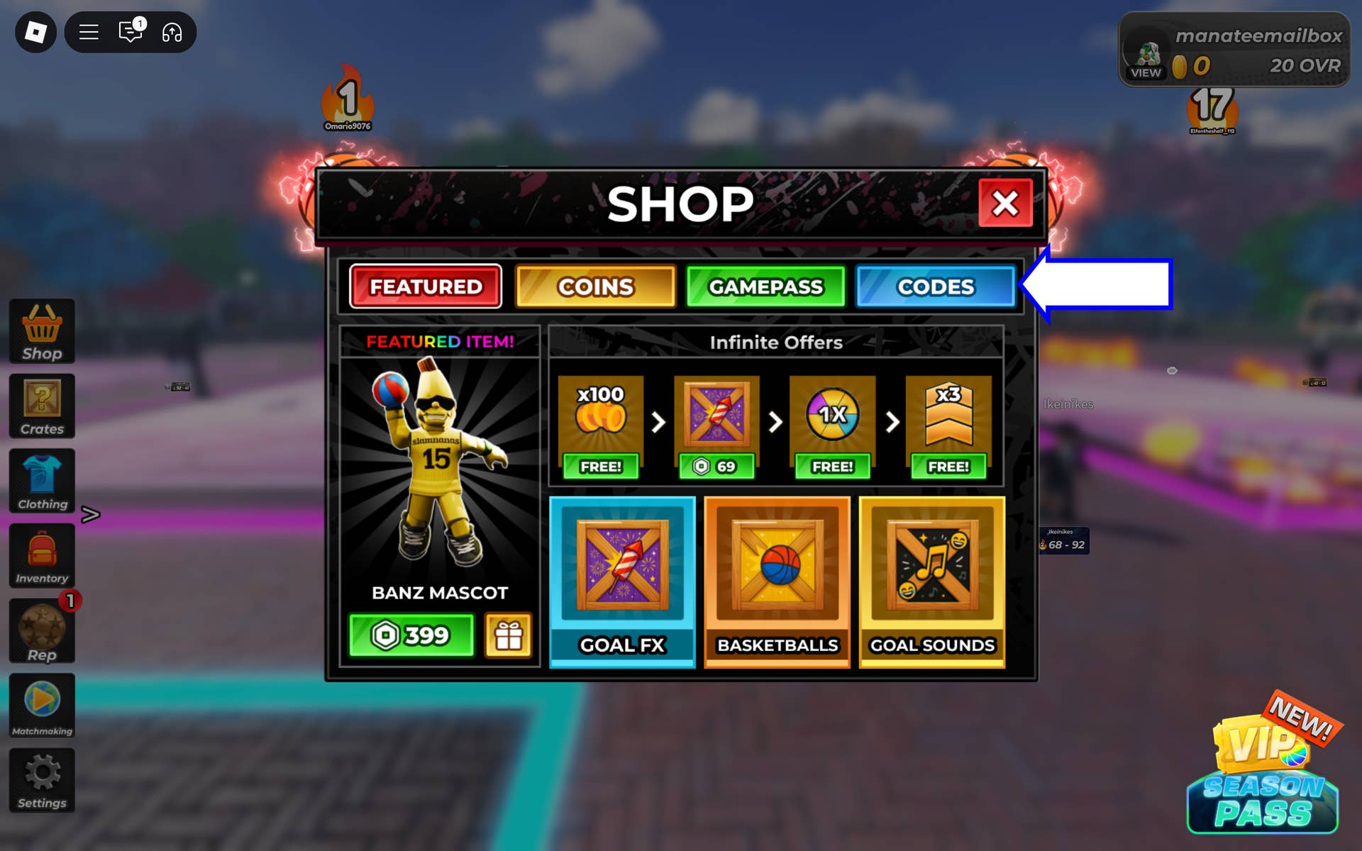 Скриншот Arcade Basketball в Roblox, показывающий кнопку кодов игры.