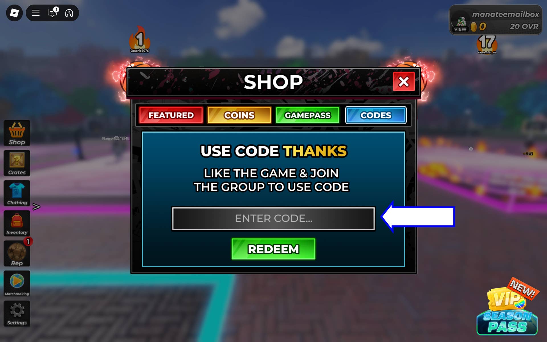 Скриншот Arcade Basketball в Roblox, показывающий поле для ввода кода игры.