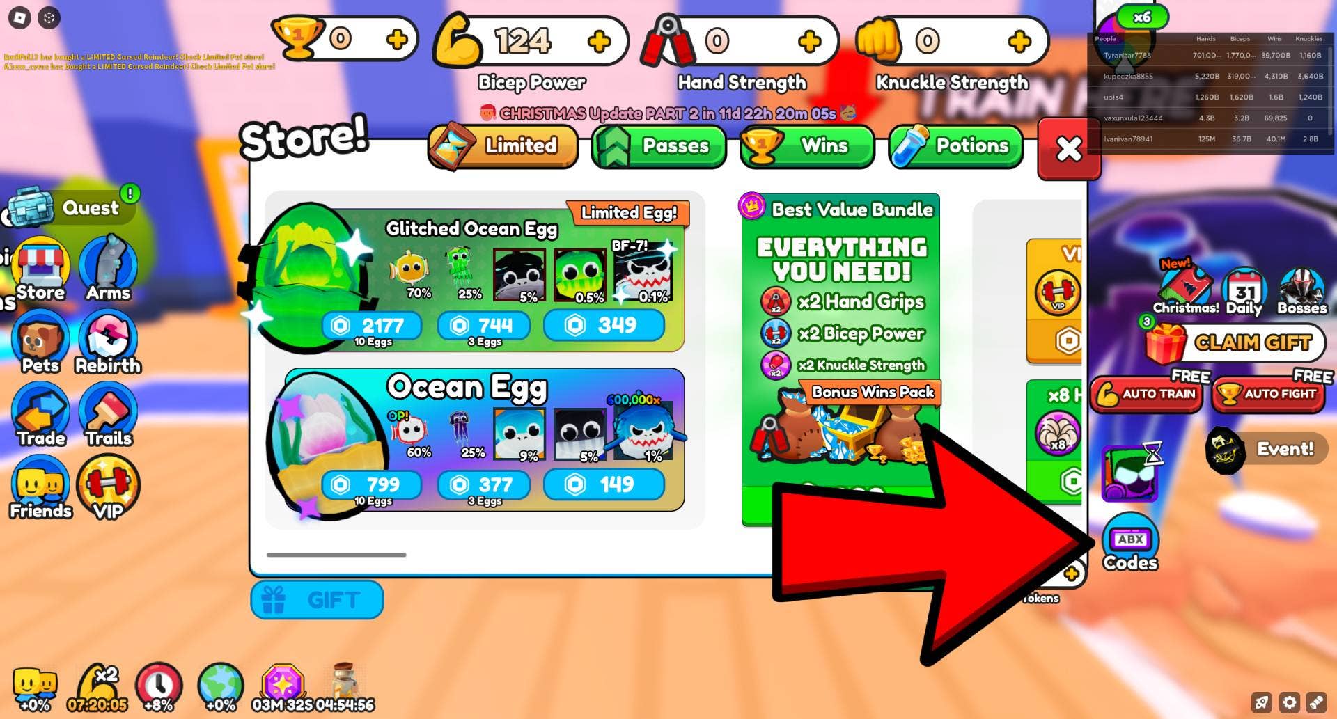 Страница магазина в Arm Wrestle Simulator, с красной стрелкой, указывающей на опцию кодов.