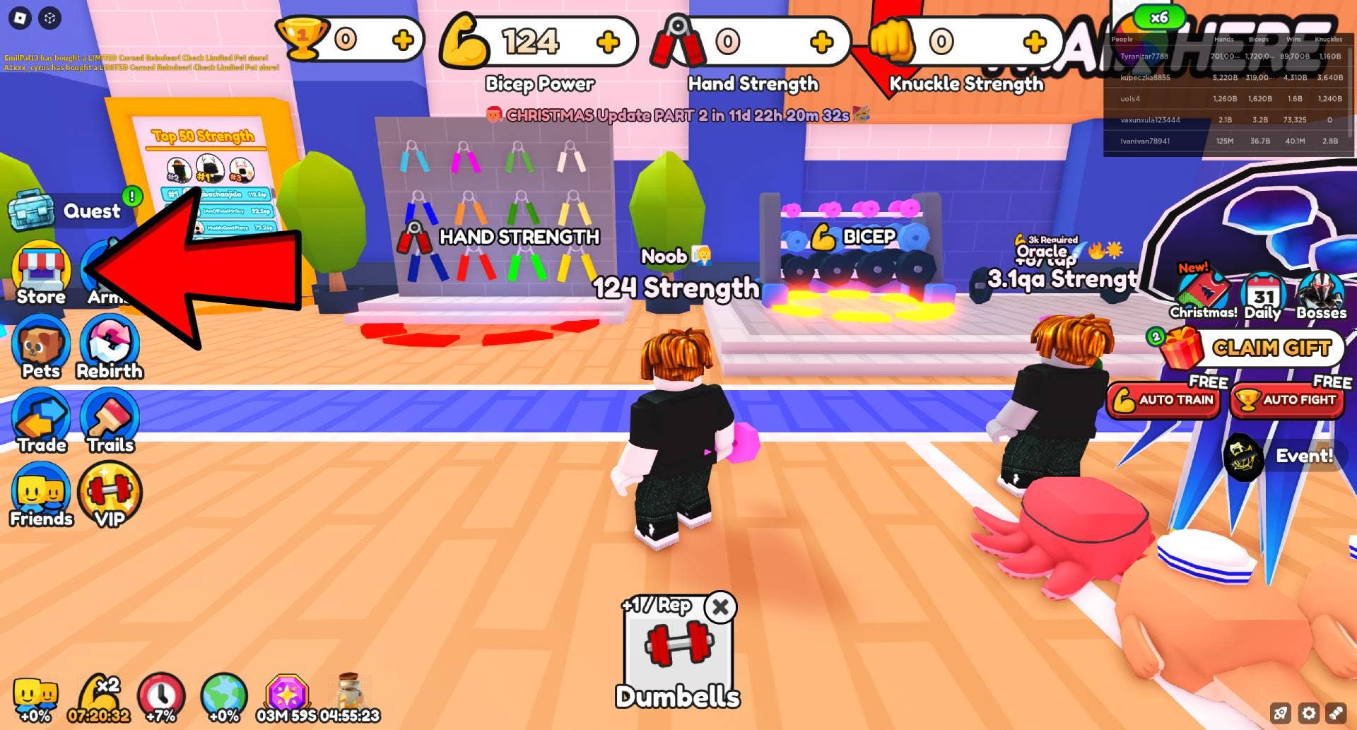 Стрелка, указывающая на опцию магазина в Arm Wrestle Simulator.