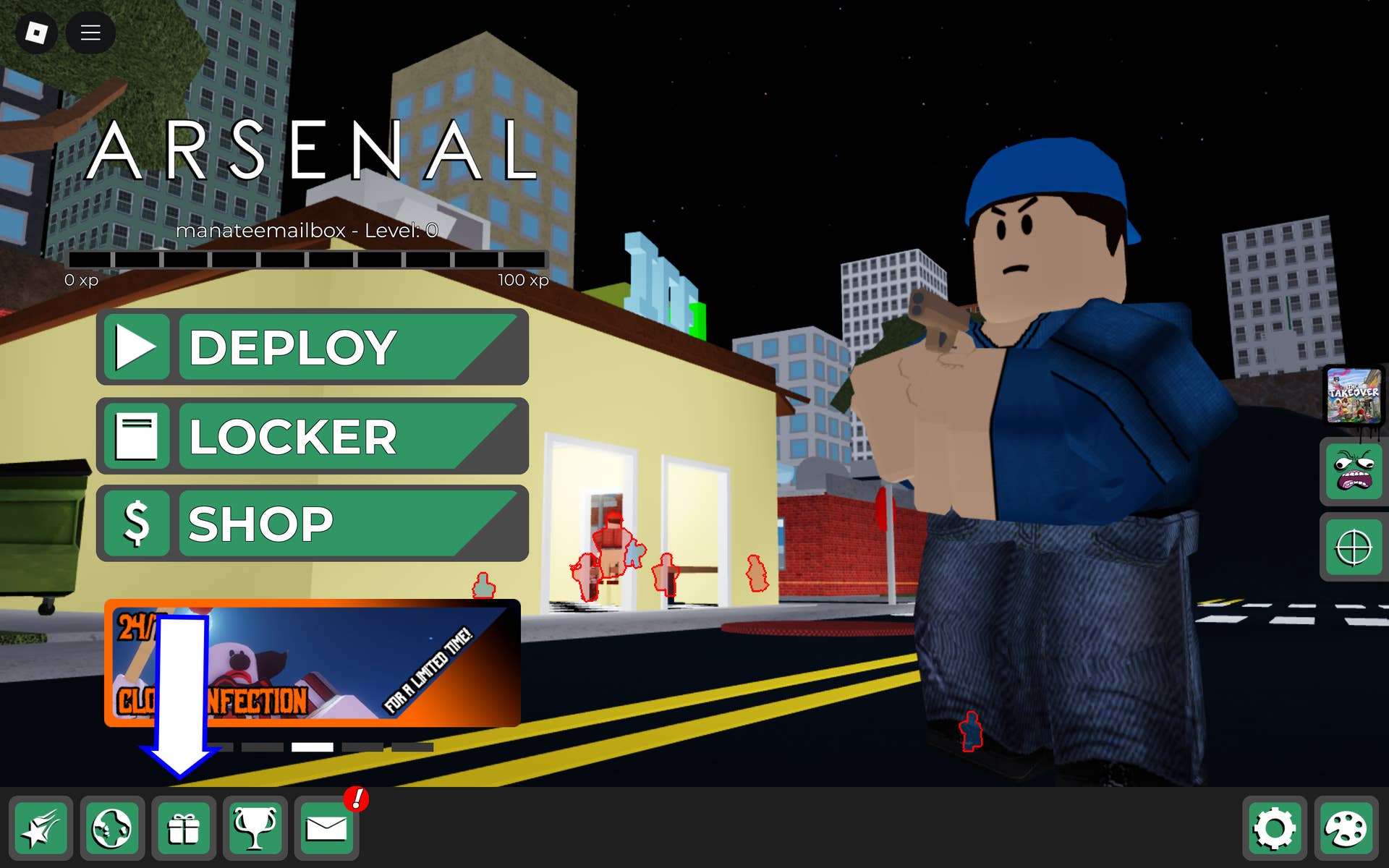 Скриншот Arsenal в Roblox, показывающий кнопку кодов в игре.