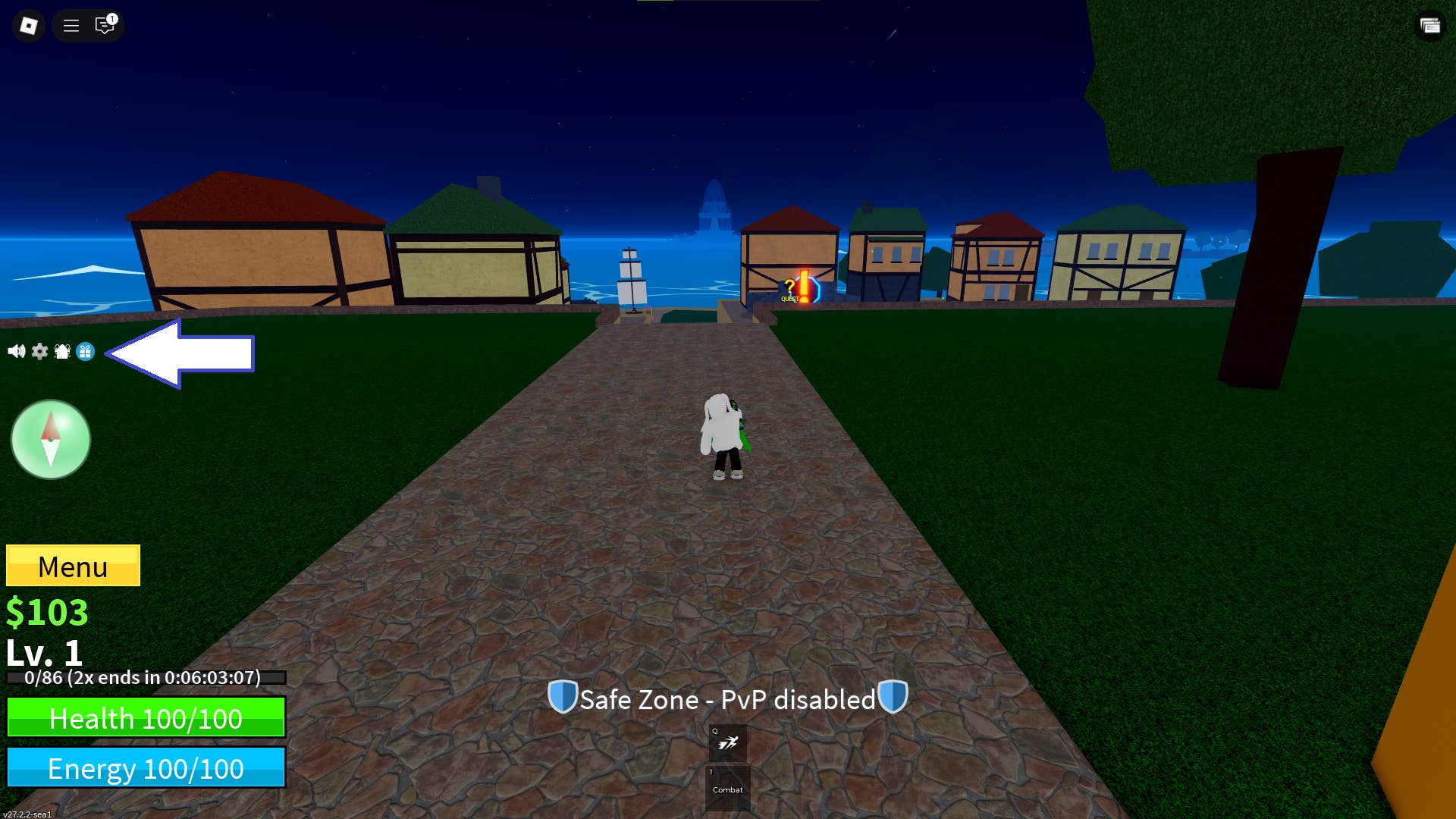 Скриншот Blox Fruits в Roblox, показывающий иконку подарка в игре.