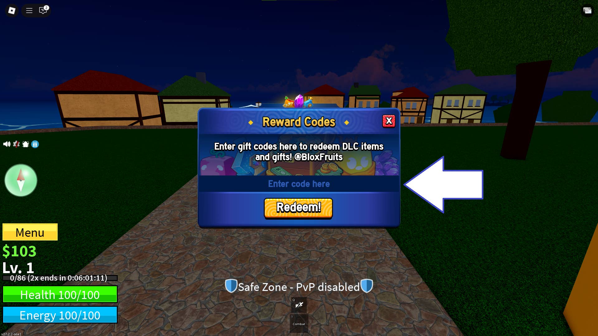 Скриншот Blox Fruits в Roblox, показывающий поле для ввода кодов в игре.