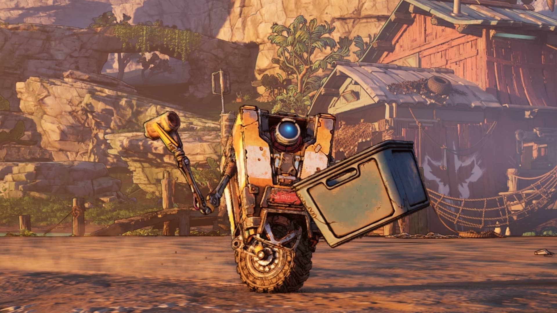 borderlands 4 claptrap держит мусор на прибрежном пляже Coastal Bonescape