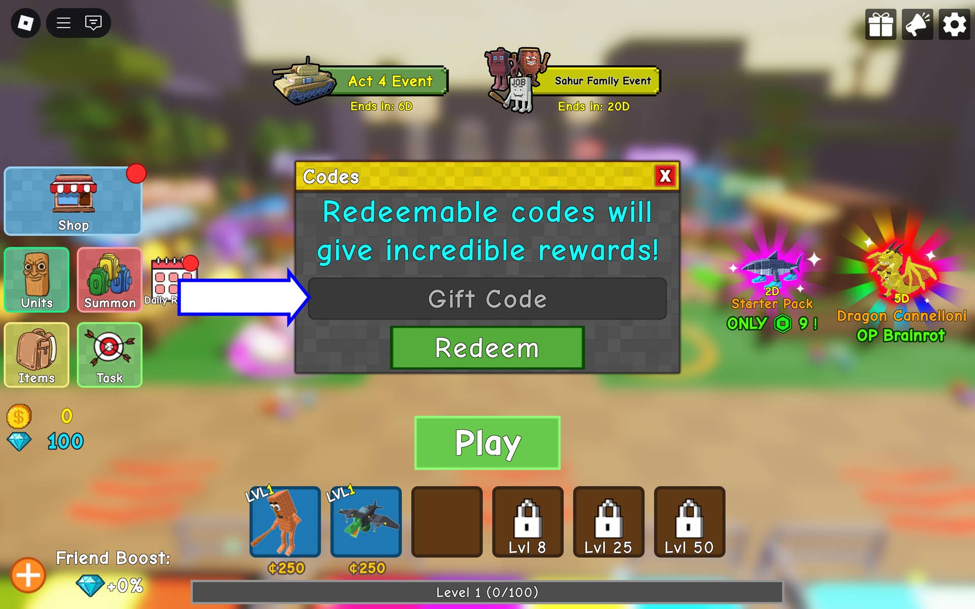 Скриншот Brainrot Tower Defense в Roblox, показывающий поле для ввода кода.