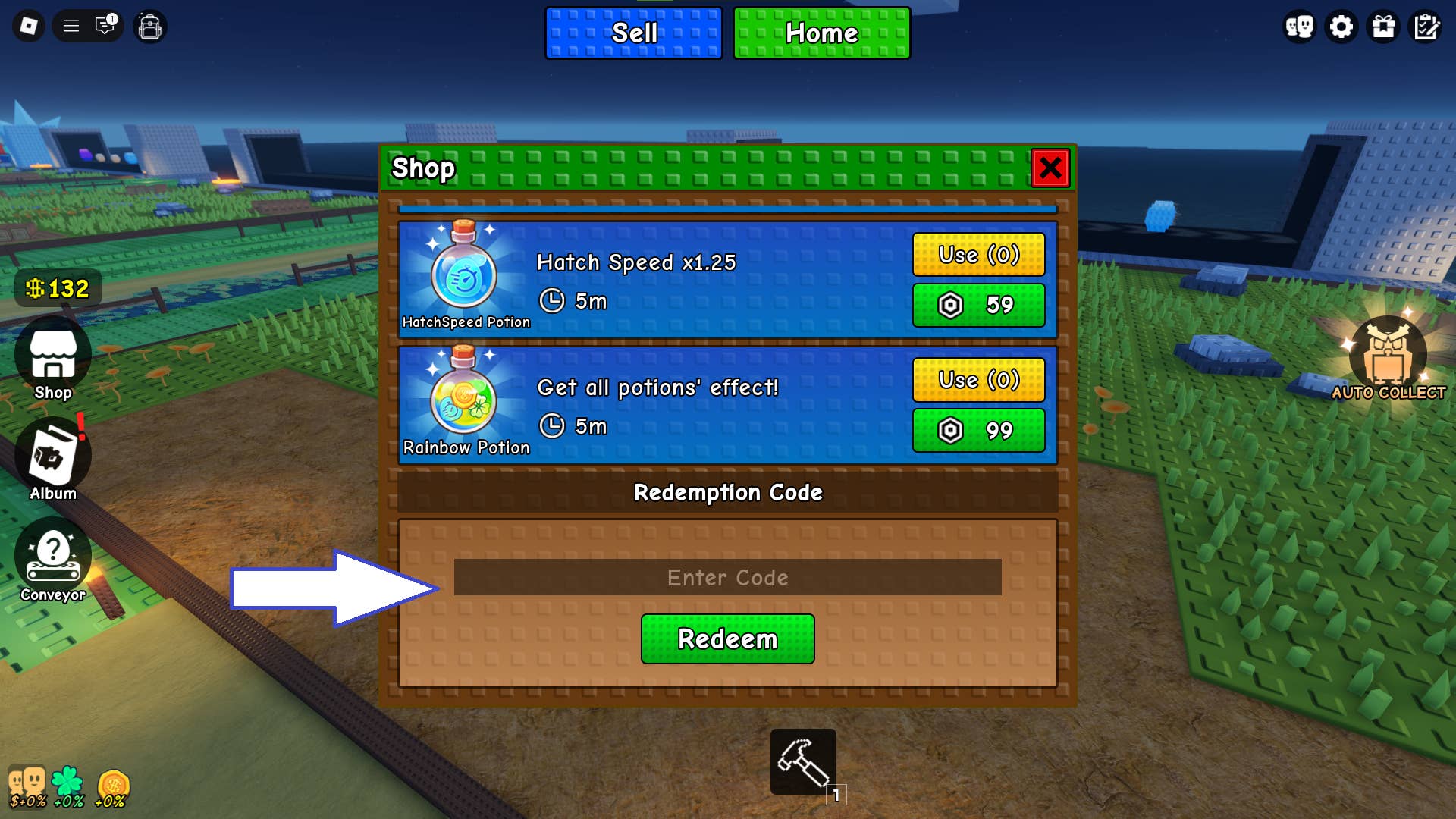 Скриншот Build a Zoo в Roblox, показывающий поле для ввода кодов.