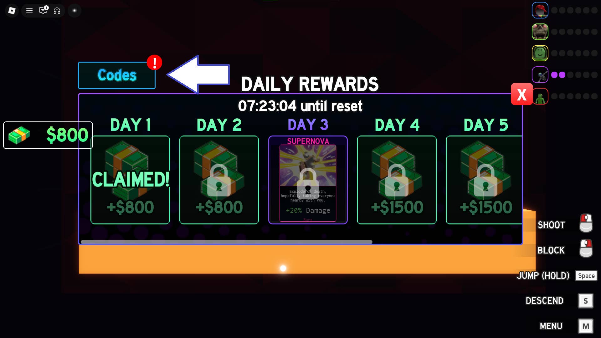 A screenshot of Card Chaos in Roblox showing the game's codes button.