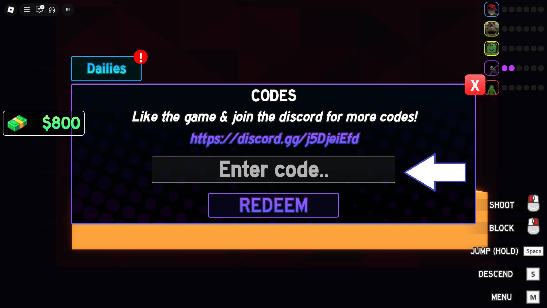 A screenshot of Card Chaos in Roblox showing the game's codes field.