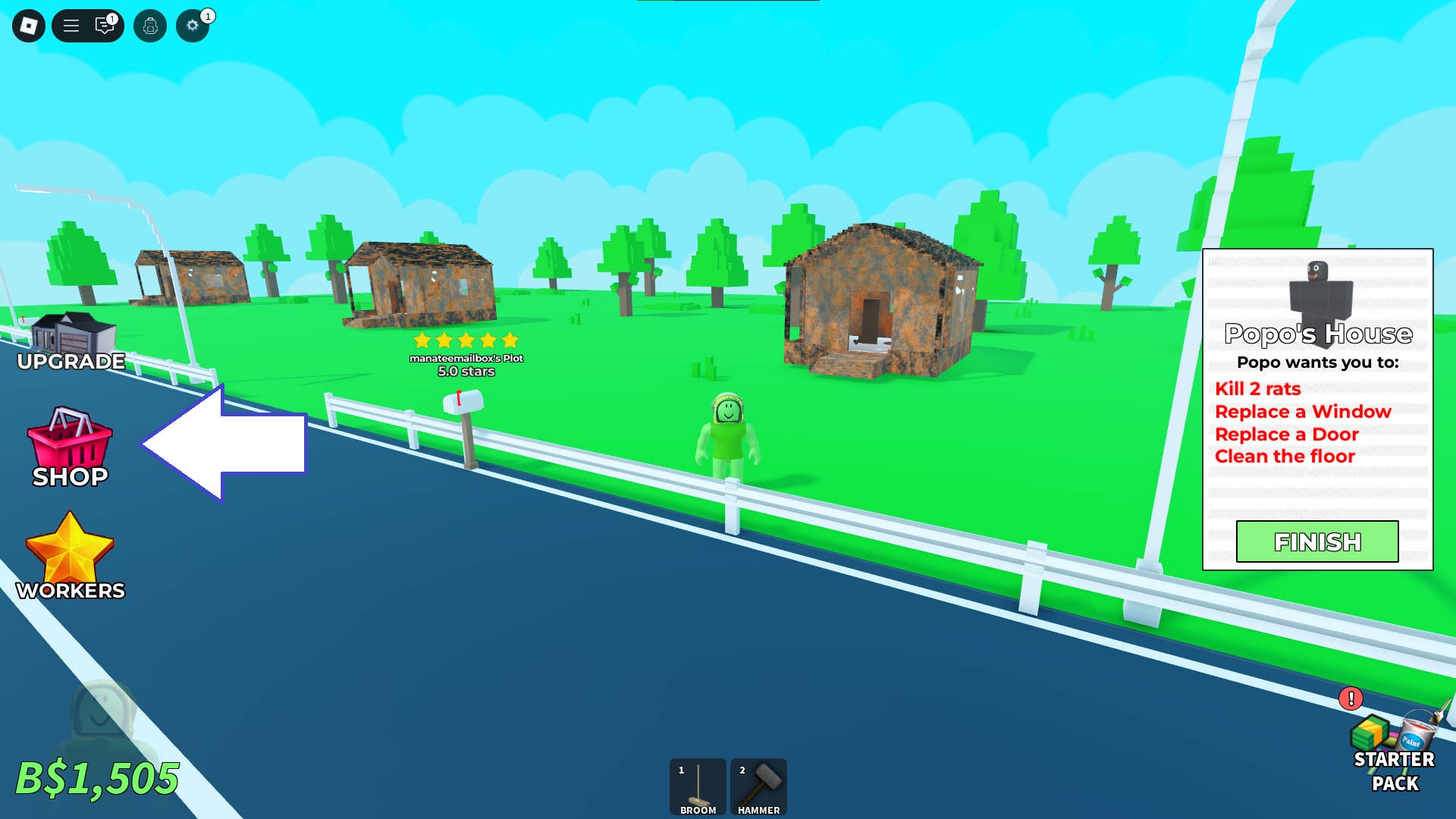 A screenshot of Clean a House in Roblox showing the game's shop button.