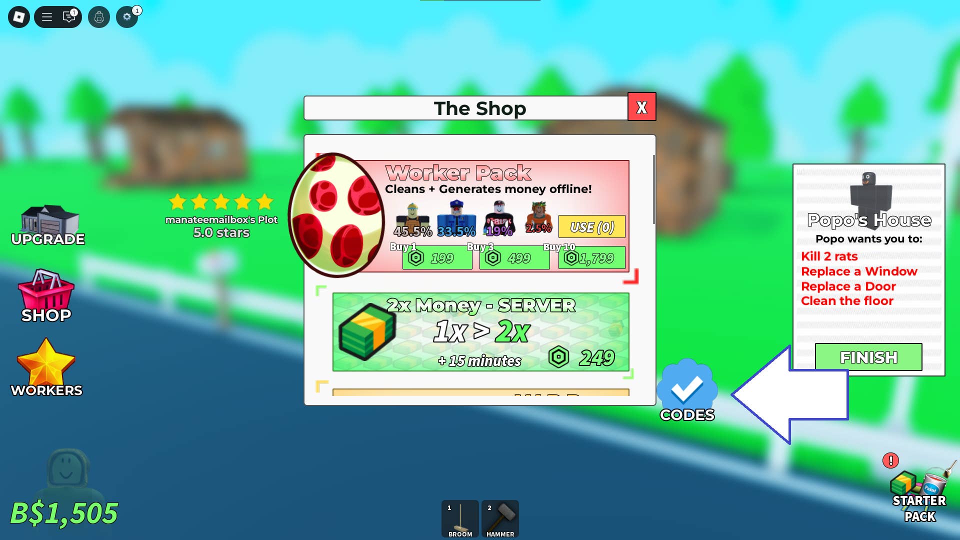 A screenshot of Clean a House in Roblox showing the game's codes button.