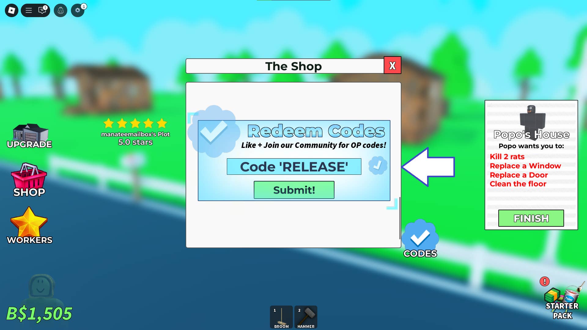 A screenshot of Clean a House in Roblox showing the game's codes field.