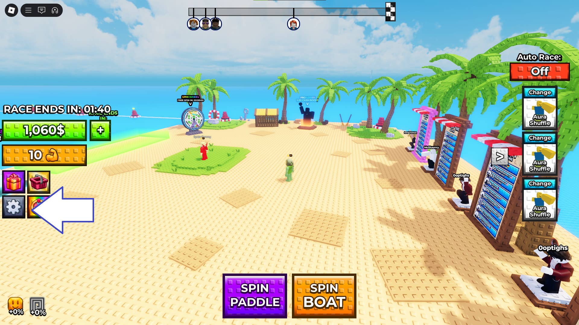 Скриншот Click to Aura Farm в Roblox с показанной кнопкой настроек игры.