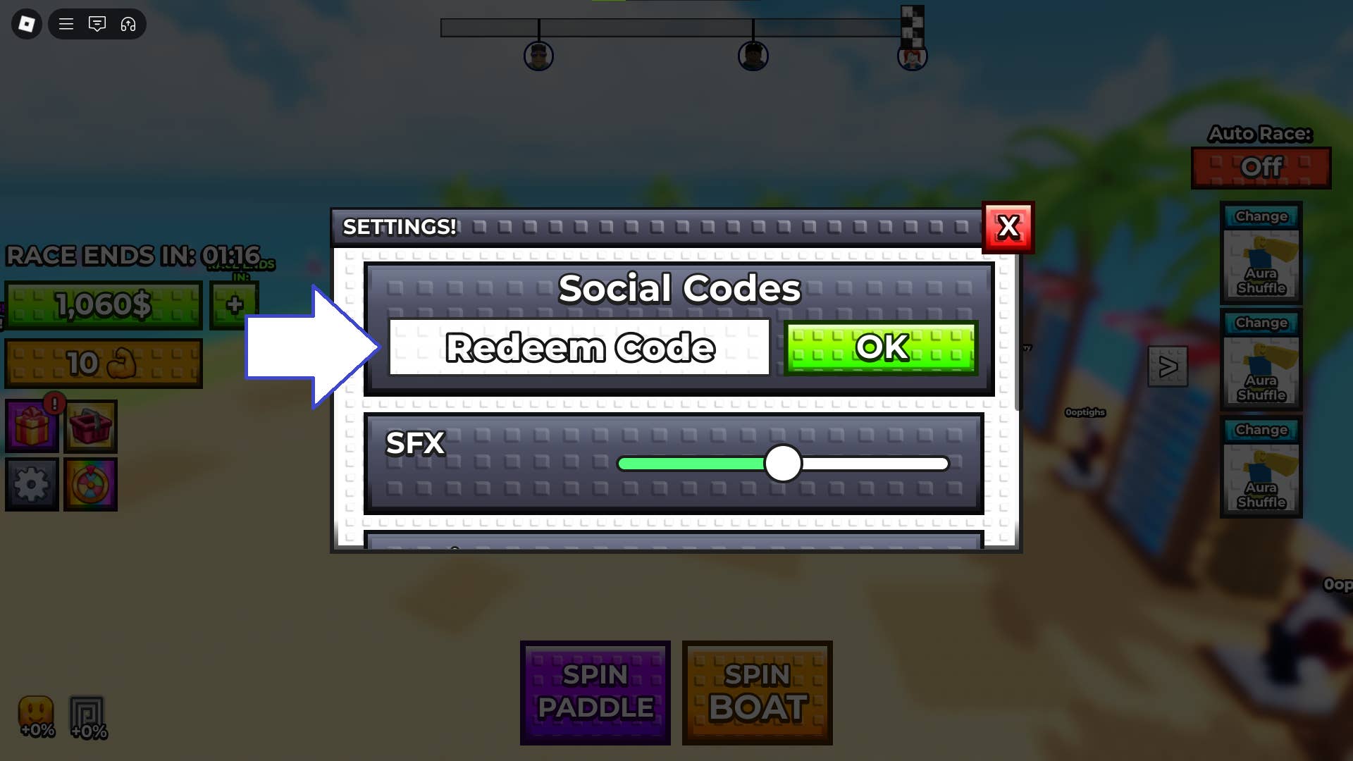 Скриншот Click to Aura Farm в Roblox с полем для ввода кодов игры.