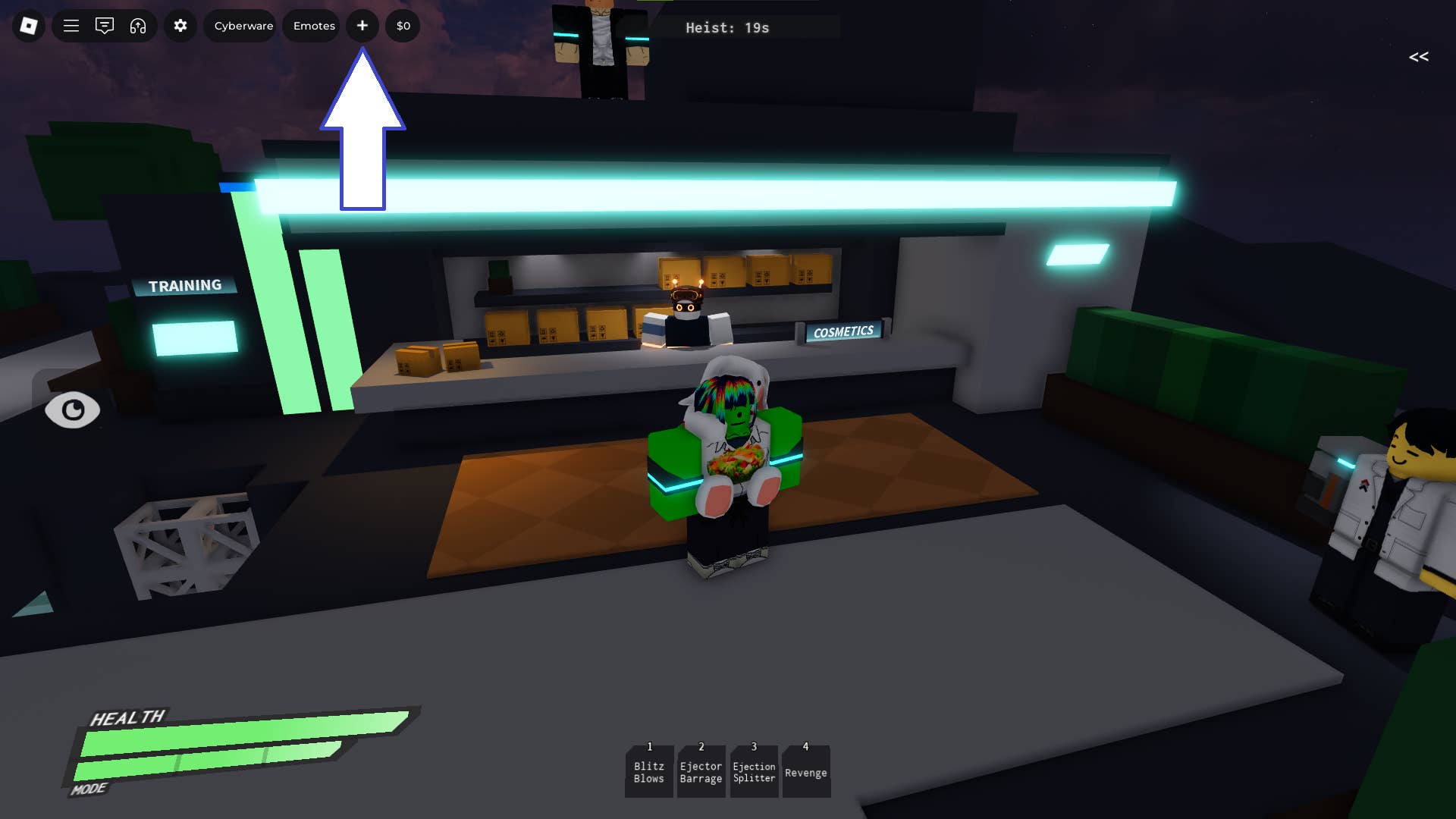 Скриншот Cyberpunking в Roblox с кнопкой «+».