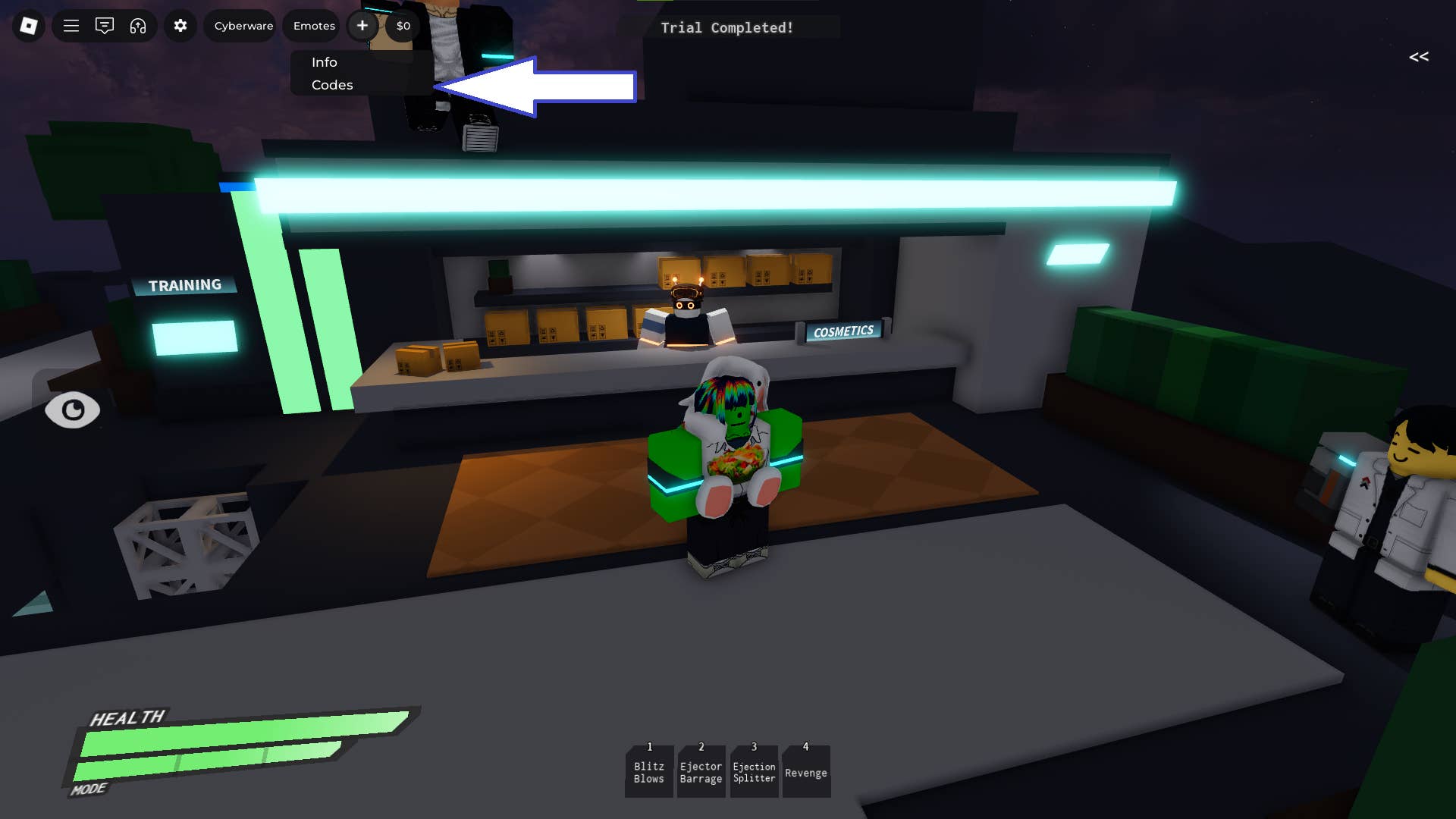 Скриншот Cyberpunking в Roblox с кнопкой «Codes».