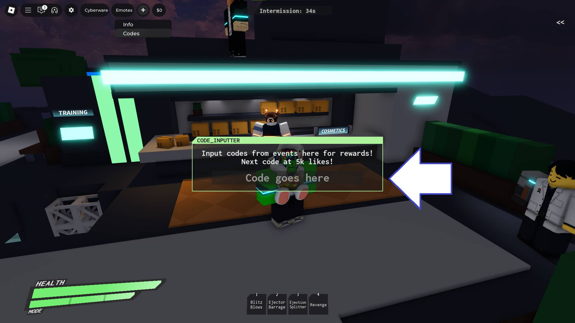 Скриншот Cyberpunking в Roblox с полем ввода кода.