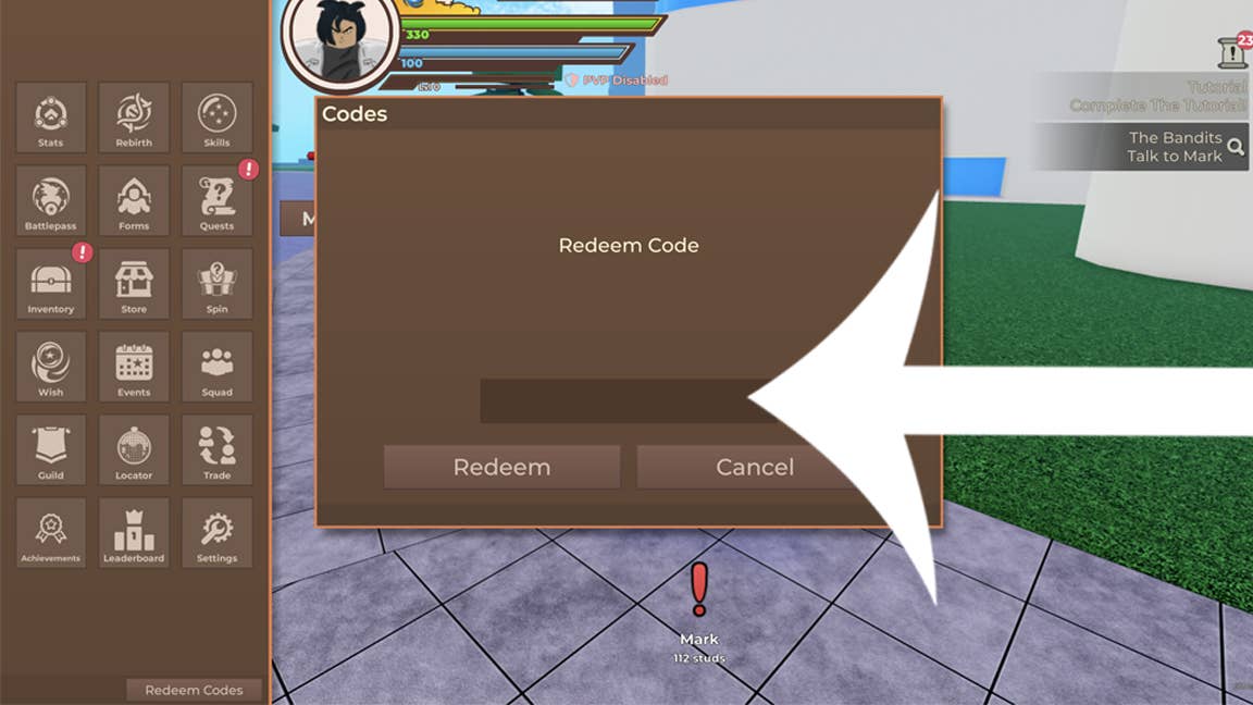 Стрелка, указывающая на меню кодов в игре Dragon Blox в Roblox.
