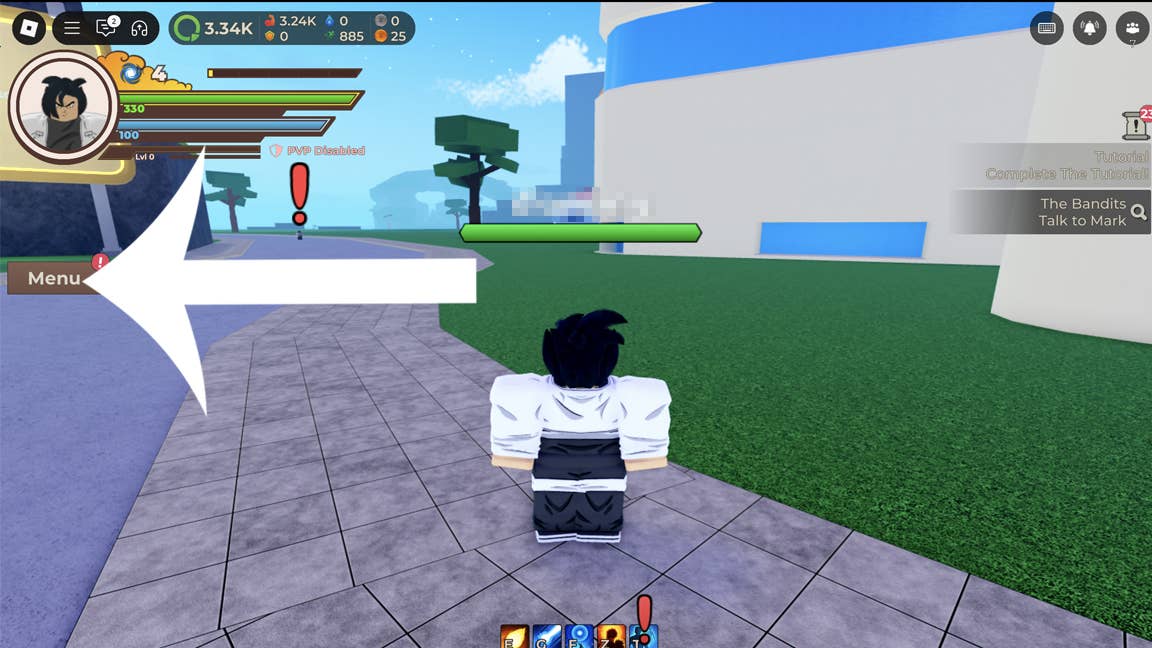 Стрелка, указывающая на кнопку меню в игре Dragon Blox в Roblox.